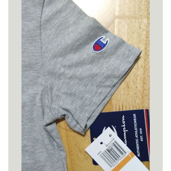 Champion Boys Grey Crew Neck Short Sleeve Blue Script Logo T-Shirt Tee, Size 7 - Picture 5 of 6